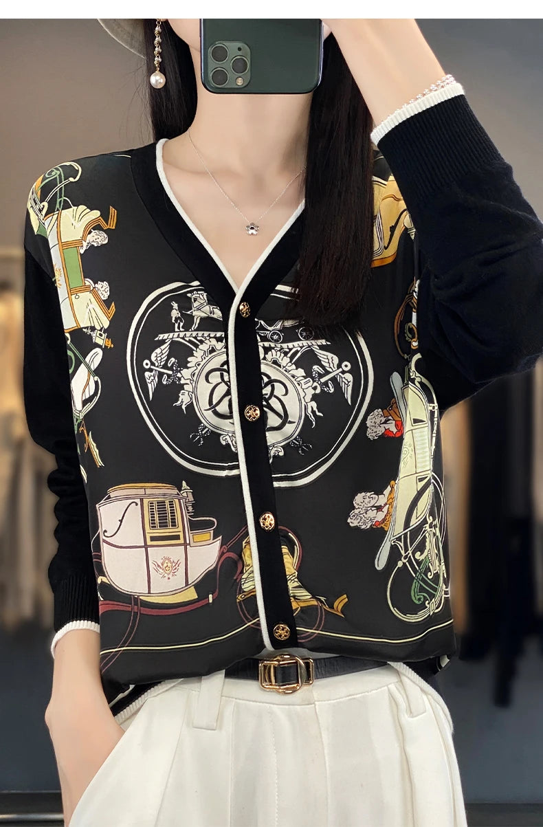 Women's Printed Stitching Wool Cardigan