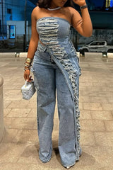 Distressed Denim Pant Set