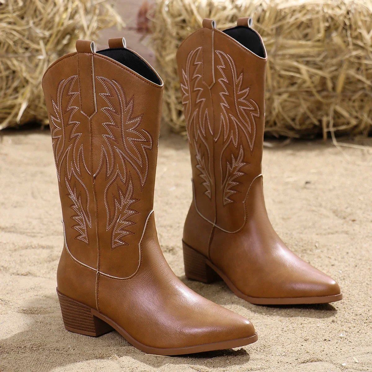 Women Mid Calf Boots Pointed Toe Fur Heels