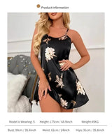 Women Black Floral Nightdress Satin Sleepshirt Casual