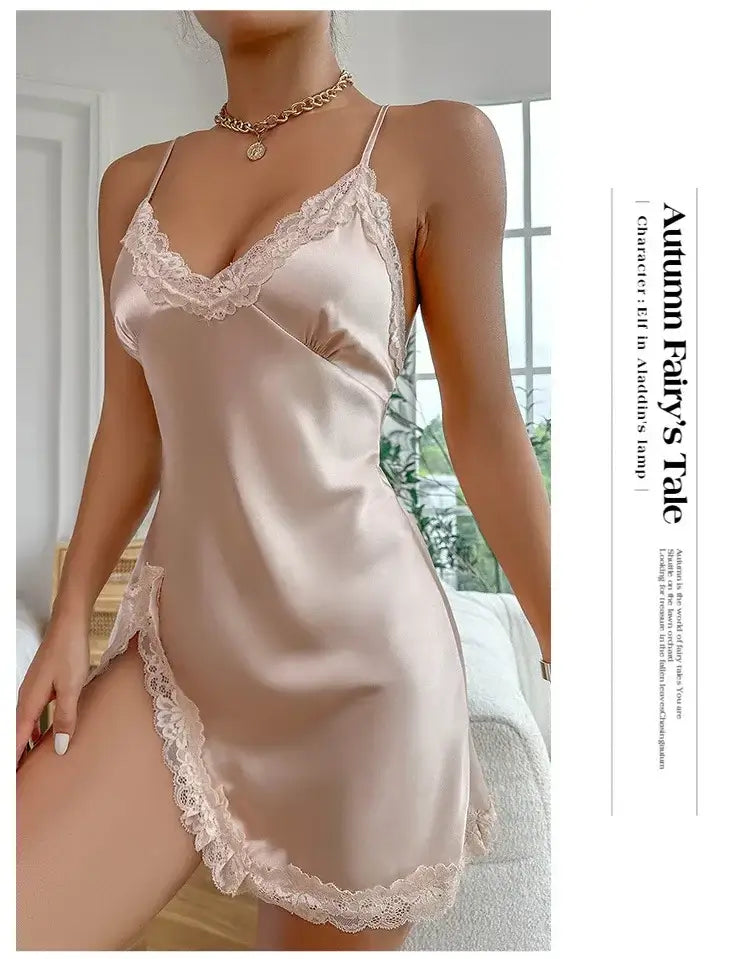 Women Satin Lace Nightdress Deep V Backless Sleepwear