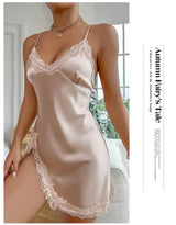 Women Satin Lace Nightdress Deep V Backless Sleepwear