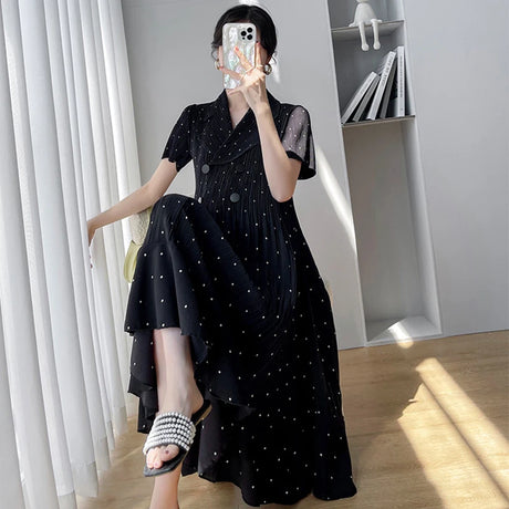 Polka Dot Korean Maternity Dress featuring a V-neck, high waist, and mid-calf length, perfect for summer wear.