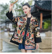 Woman wearing a traditional Korean Hanbok dress with intricate floral design in a serene outdoor setting.