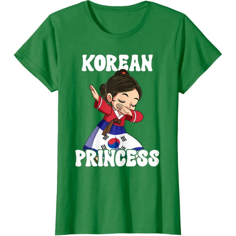 Korean Princess Cotton T-Shirt featuring a cartoon character in a traditional outfit on a green background.