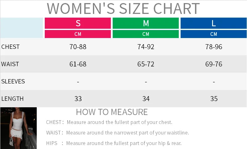 Women's size chart showing measurements for small, medium, and large sizes including chest, waist, and length.