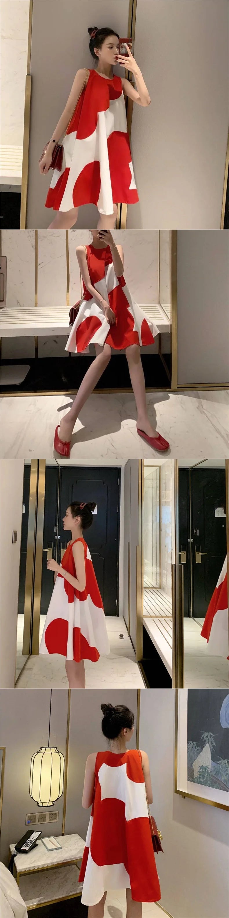 Loose sleeveless Korean maternity dress in red and white, perfect for summer, featuring a knee-length A-line silhouette.