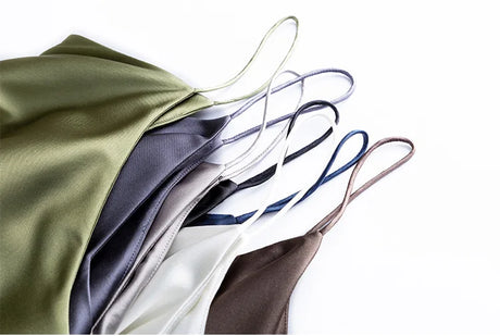 Variety of BandeauSilk™ double-layer silk camisoles in different colors, showcasing luxe summer styles.