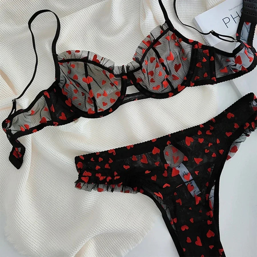 Women Mesh Heart Lingerie Set