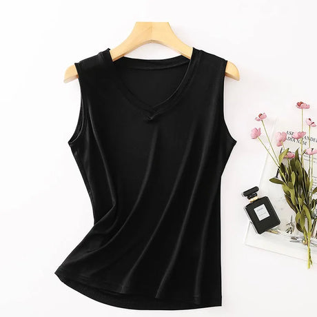 Silkaire™ 100% Mulberry Silk V-Neck Strap Top in black, premium sleepwear for women, soft and luxurious fabric.