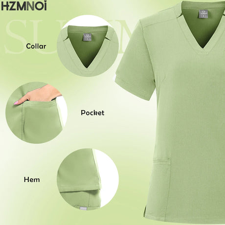 Close-up of green women's scrub top highlighting collar, pockets, and hem details.