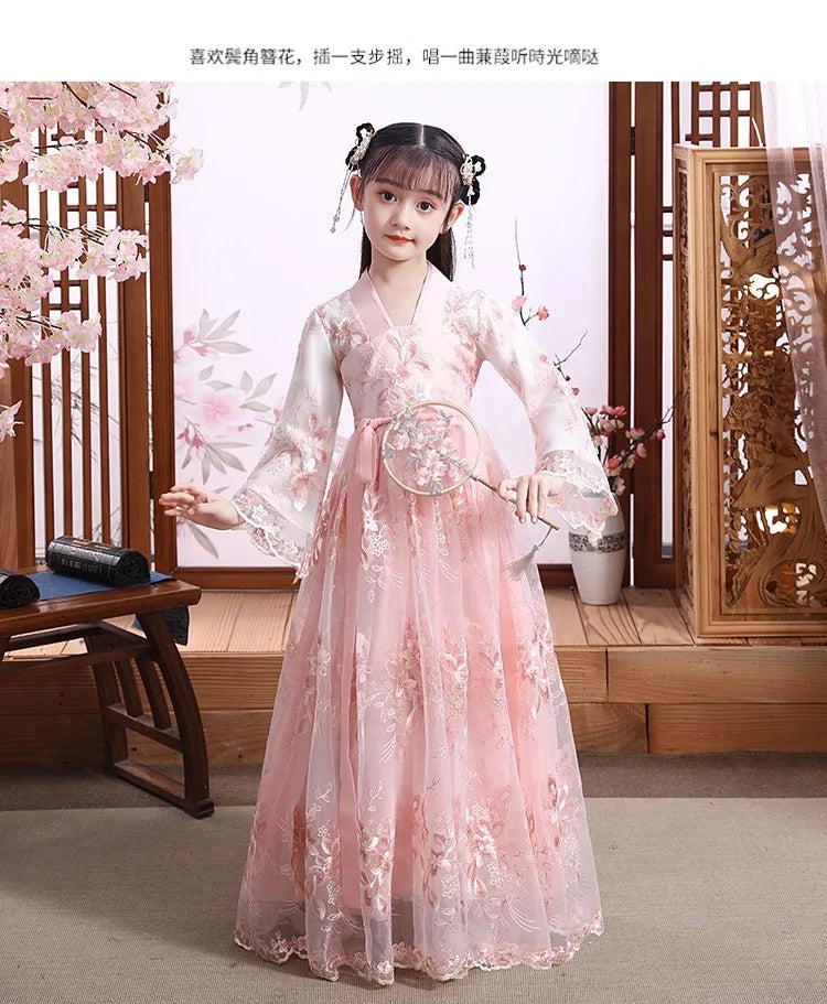 Modern Fairy Hanfu dress for girls in pink with floral details, perfect for cosplay and special occasions.