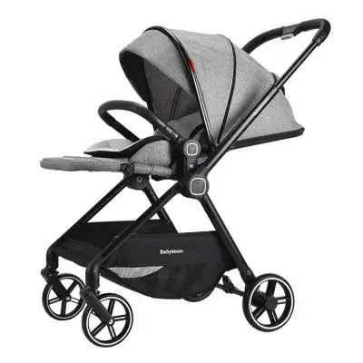Highview Baby Stroller in gray, foldable design, suitable for infants and toddlers, with a high landscape feature.
