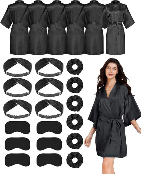 Set of black silky satin bride robes with matching accessories, perfect for wedding parties and bridesmaids.