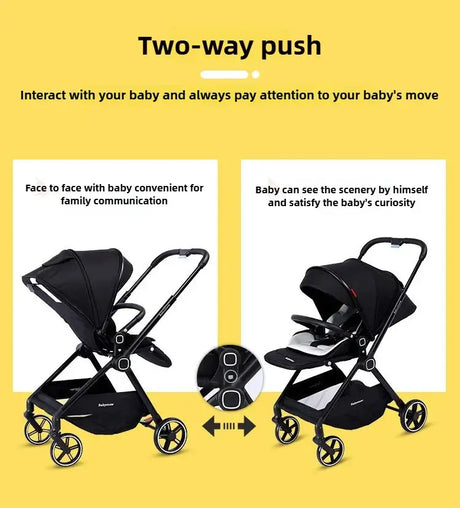 Highview Baby Stroller showcasing two-way push for parent-child interaction and scenic view for the baby.