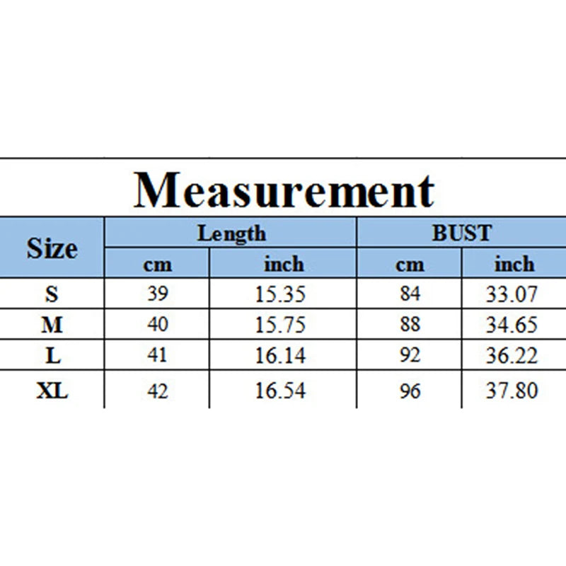 Size measurement chart for women's tops, showing lengths and bust measurements in cm and inches for sizes S, M, L, and XL.