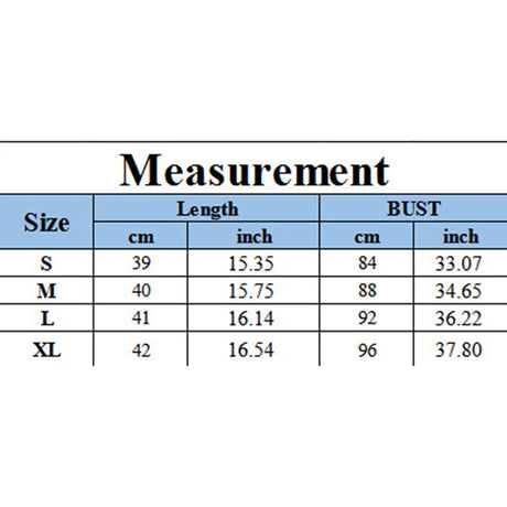 Size measurement chart for women's tops, showing lengths and bust measurements in cm and inches for sizes S, M, L, and XL.