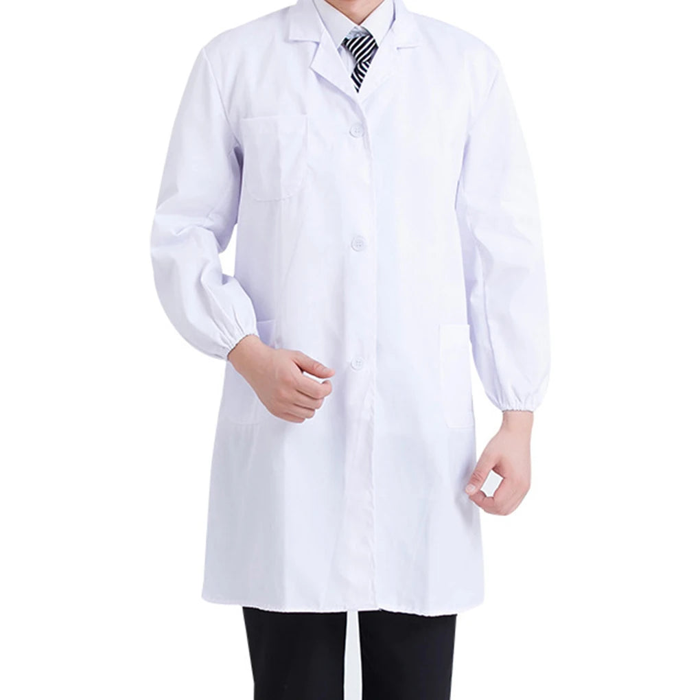 Unisex laboratory long sleeve coat for medical and school uniforms, made of cotton and polyester.
