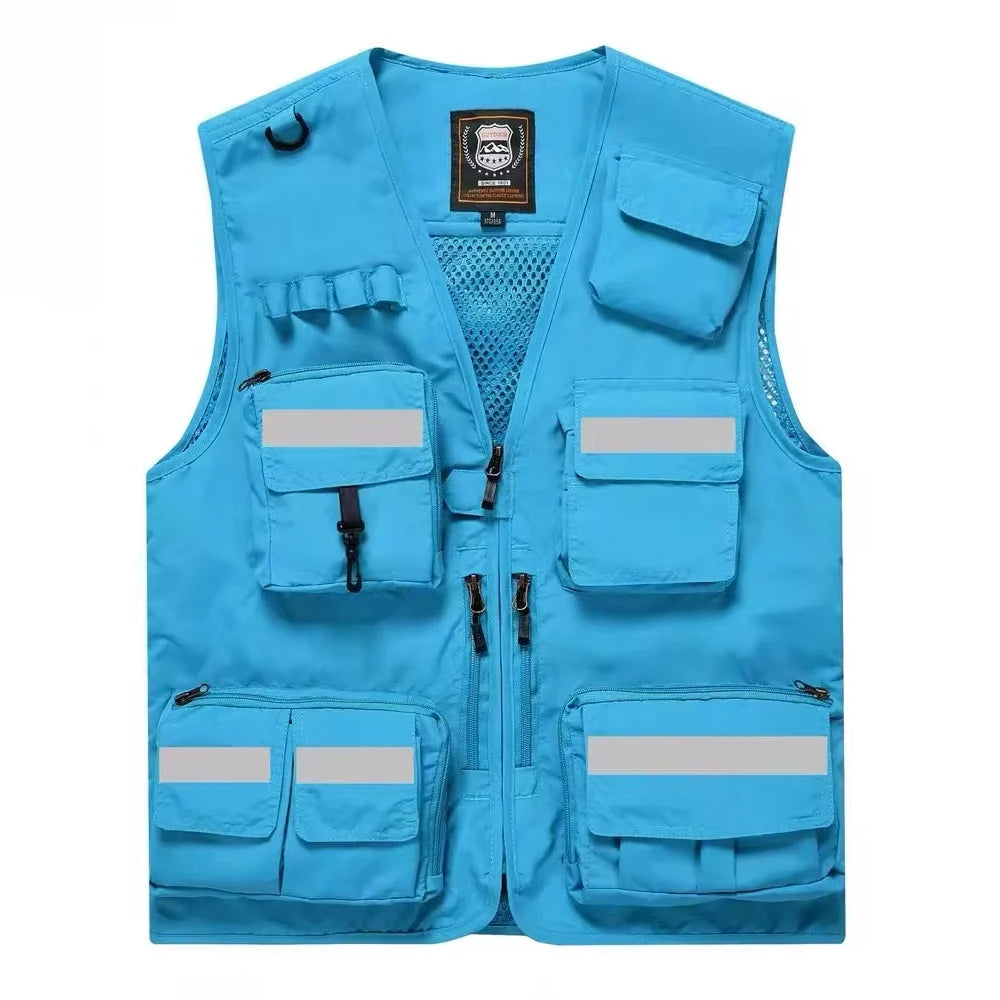Blue utility vest with multiple pockets and reflective strips for enhanced visibility and safety.