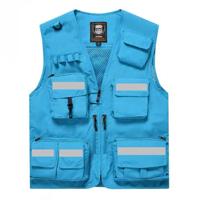 Blue utility vest with multiple pockets and reflective strips for enhanced visibility and safety.