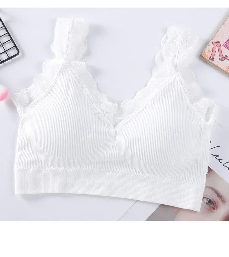 White WireFreeFlex™ Seamless Tank Bra Top featuring lace details, perfect for daily comfort and non-wire support.