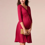 Fashion Nursing Maternity Dress in red, perfect for summer breastfeeding, designed for expectant mothers.