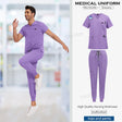 Purple short sleeved medical scrub uniform set for men, featuring breathable fabric and a stylish design, suitable for nursing.