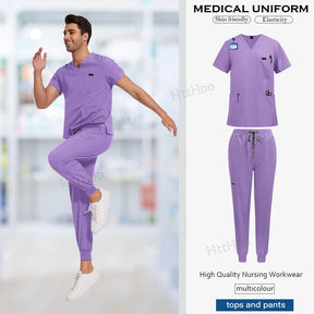 Purple short sleeved medical scrub uniform set for men, featuring breathable fabric and a stylish design, suitable for nursing.