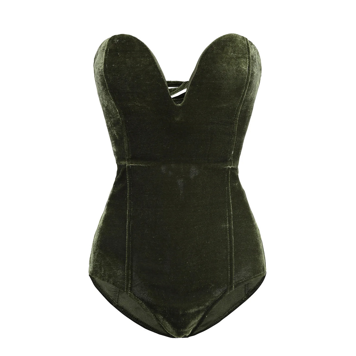Velvet strapless lace-up bodysuit in dark green for women's nightwear, featuring a slim fit design.