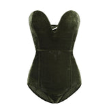 Velvet strapless lace-up bodysuit in dark green for women's nightwear, featuring a slim fit design.
