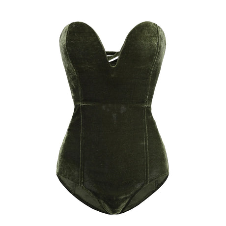 Velvet strapless lace-up bodysuit in dark green for women's nightwear, featuring a slim fit design.
