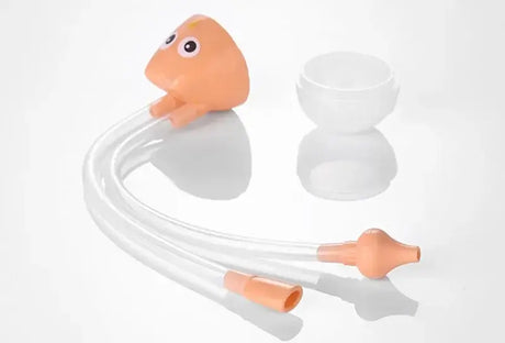 Cartoon owl nasal aspirator for babies with tubes and container, designed for safe nasal clearing. Non-toxic silicone material.