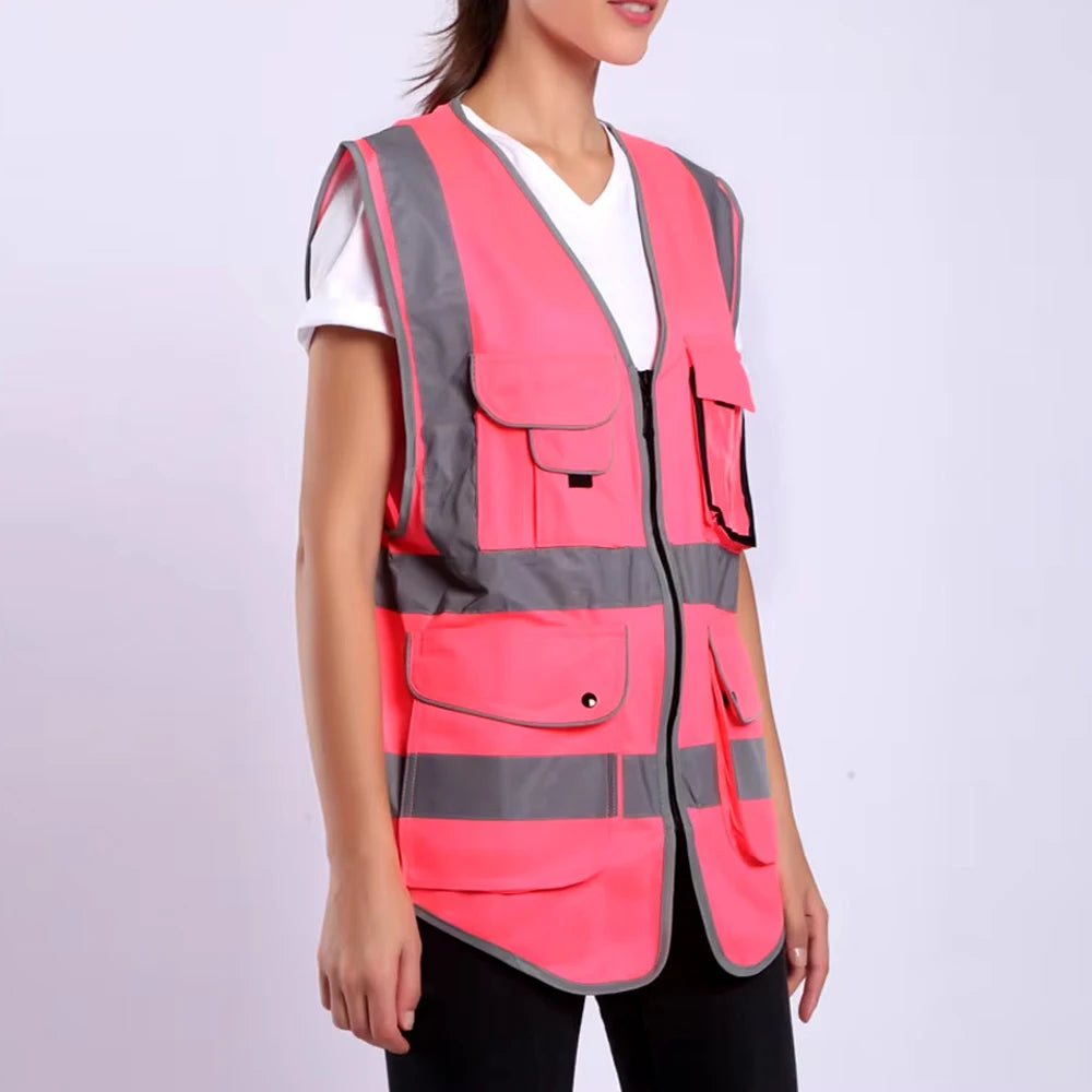 Hi-Vis pink safety vest with multiple pockets and reflective stripes, designed for construction and outdoor work.