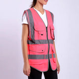 Hi-Vis pink safety vest with multiple pockets and reflective stripes, designed for construction and outdoor work.