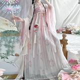 Vintage Chinese style Hanfu dress in soft pink with floral details, perfect for traditional occasions.