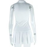 Women’s White Lapel Pleated Dress