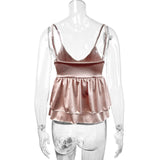 Back view of a ruffle strap V-neck backless crop top in a soft pink shade, perfect for summer outfits.