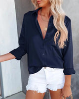 Women Long Sleeve Solid Patch Pocket Blouse