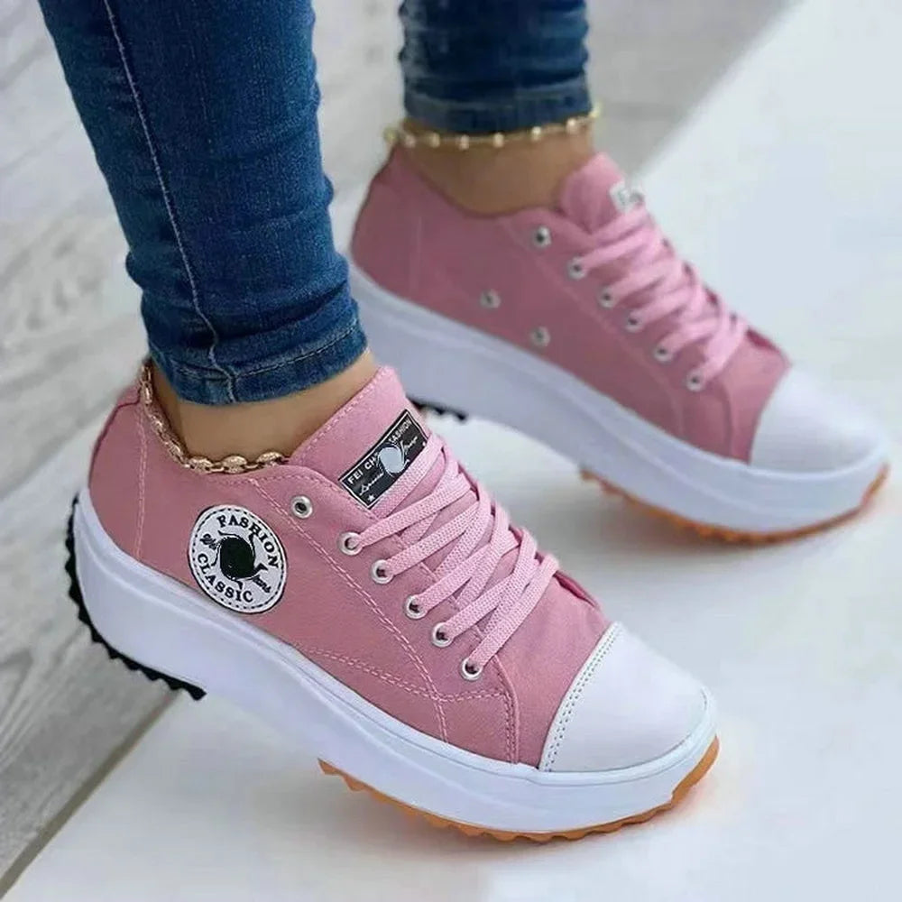 Women Canvas Pattern Sneakers Lace Up Flats