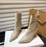 Women Mid Calf Boots Leather Cowboy Heels