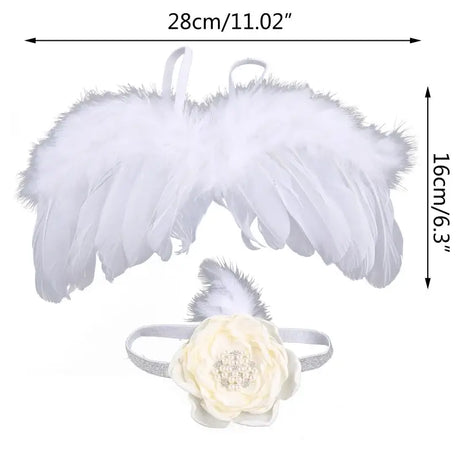 White feather baby angel wings and flower headband for newborn photoshoots, ideal photography props set.