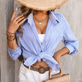 HarajukuMuse™ women's casual blue blouse tied at the waist, perfect for spring and autumn streetwear fashion.