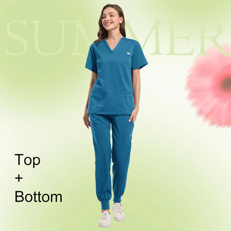 Multicolor pet clinic scrub set featuring short sleeve top and pants for women, ideal for summer usage in medical settings.