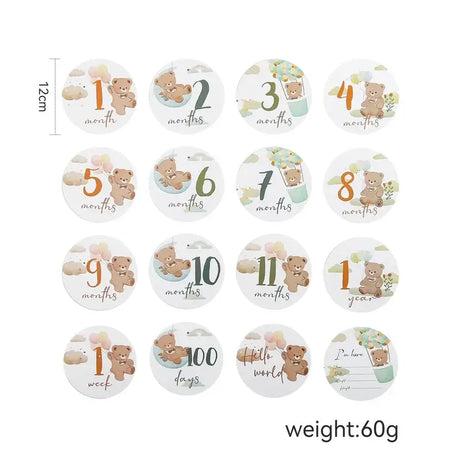 16Pcs Baby Milestone Number set featuring bear designs, perfect for capturing monthly growth from 1 week to 1 year.