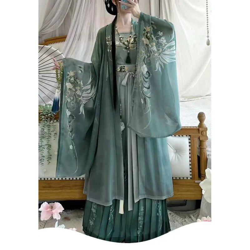 Elegant Song Dynasty Hanfu Set in soft green chiffon featuring intricate floral prints, perfect for all seasons.