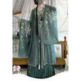 Elegant Song Dynasty Hanfu Set in soft green chiffon featuring intricate floral prints, perfect for all seasons.