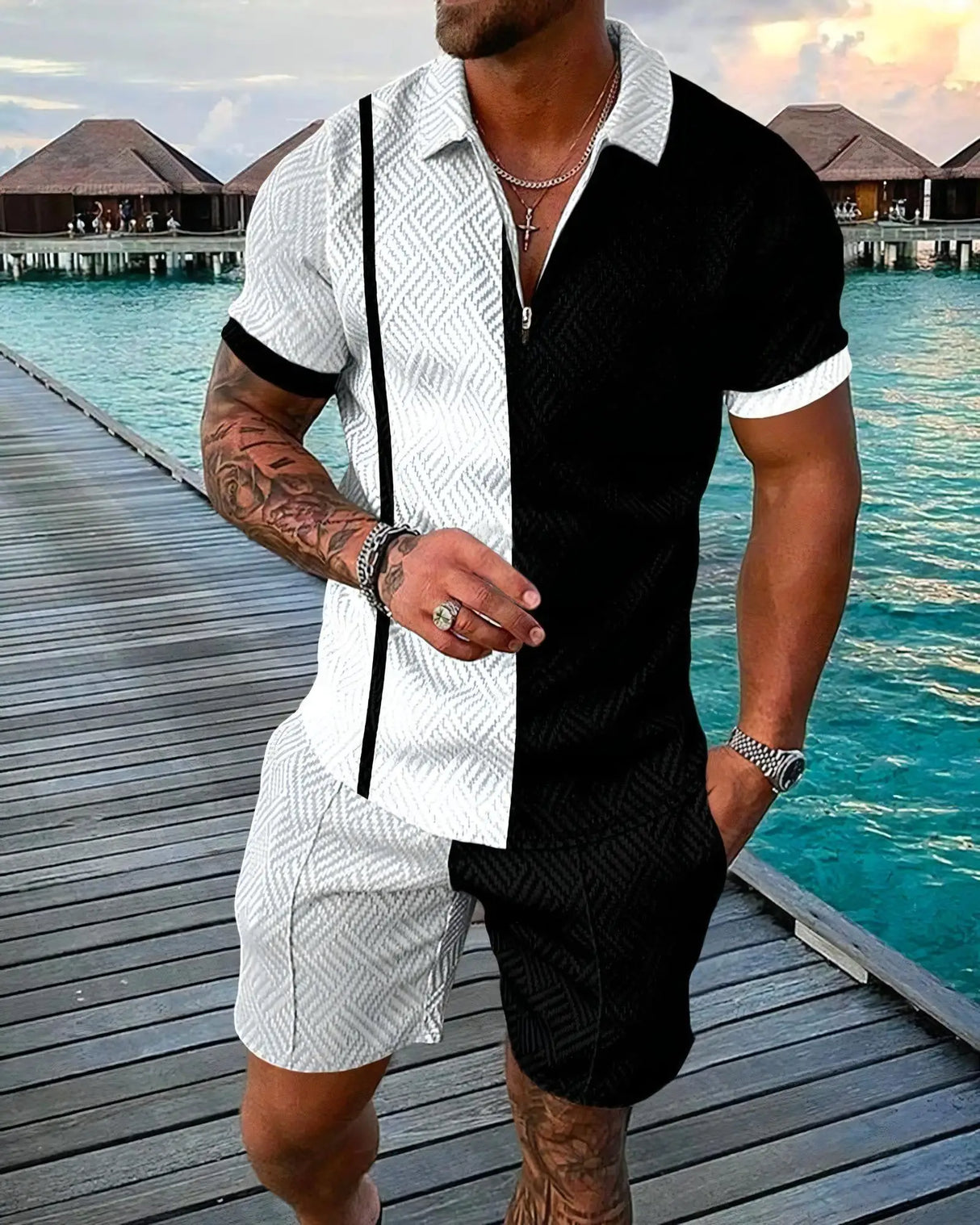 Men 3D Print Polo Shorts Set