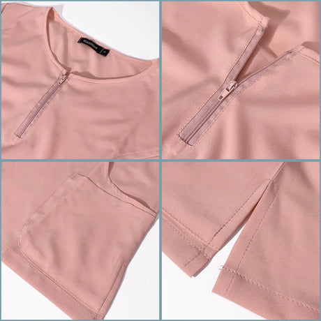 Close-up of 7-color nursing work uniform featuring a zipper V-neck top with pocket, breathable fabric details.