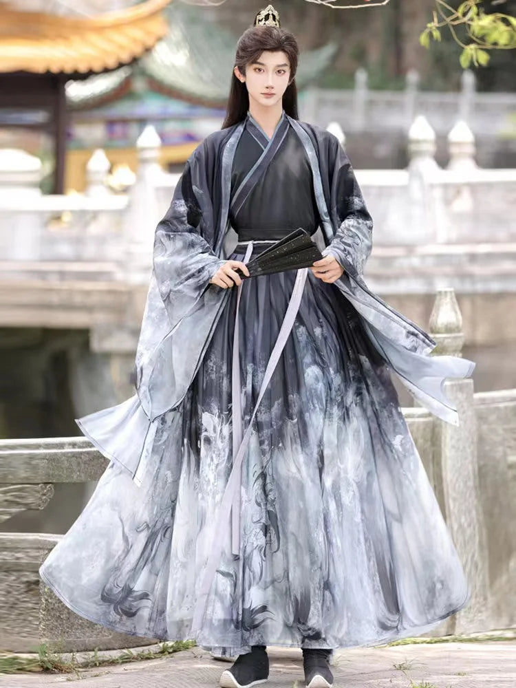 Men's Martial Arts Hanfu featuring a cross collar design, traditional ink patterns, made of polyester in black and gray.