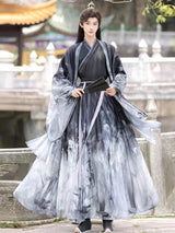 Men's Martial Arts Hanfu featuring a cross collar design, traditional ink patterns, made of polyester in black and gray.
